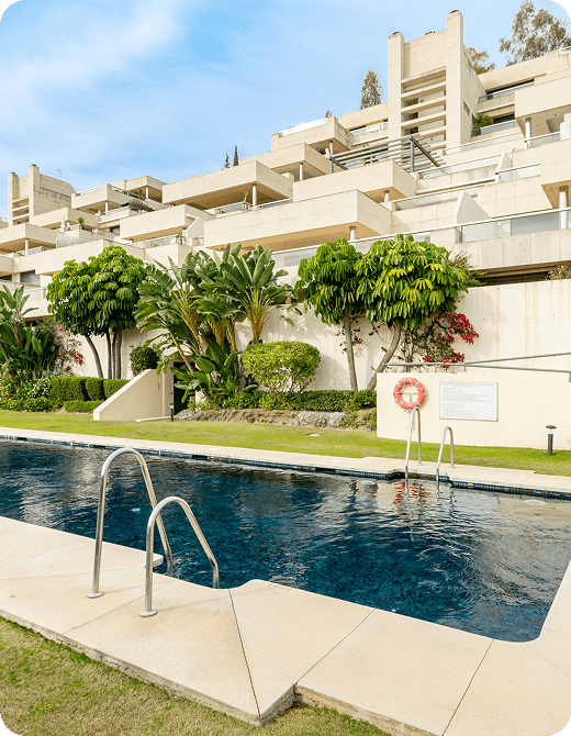 Poolside View Public Pool Apartment Complex Along Costa Del Sol 1 Min